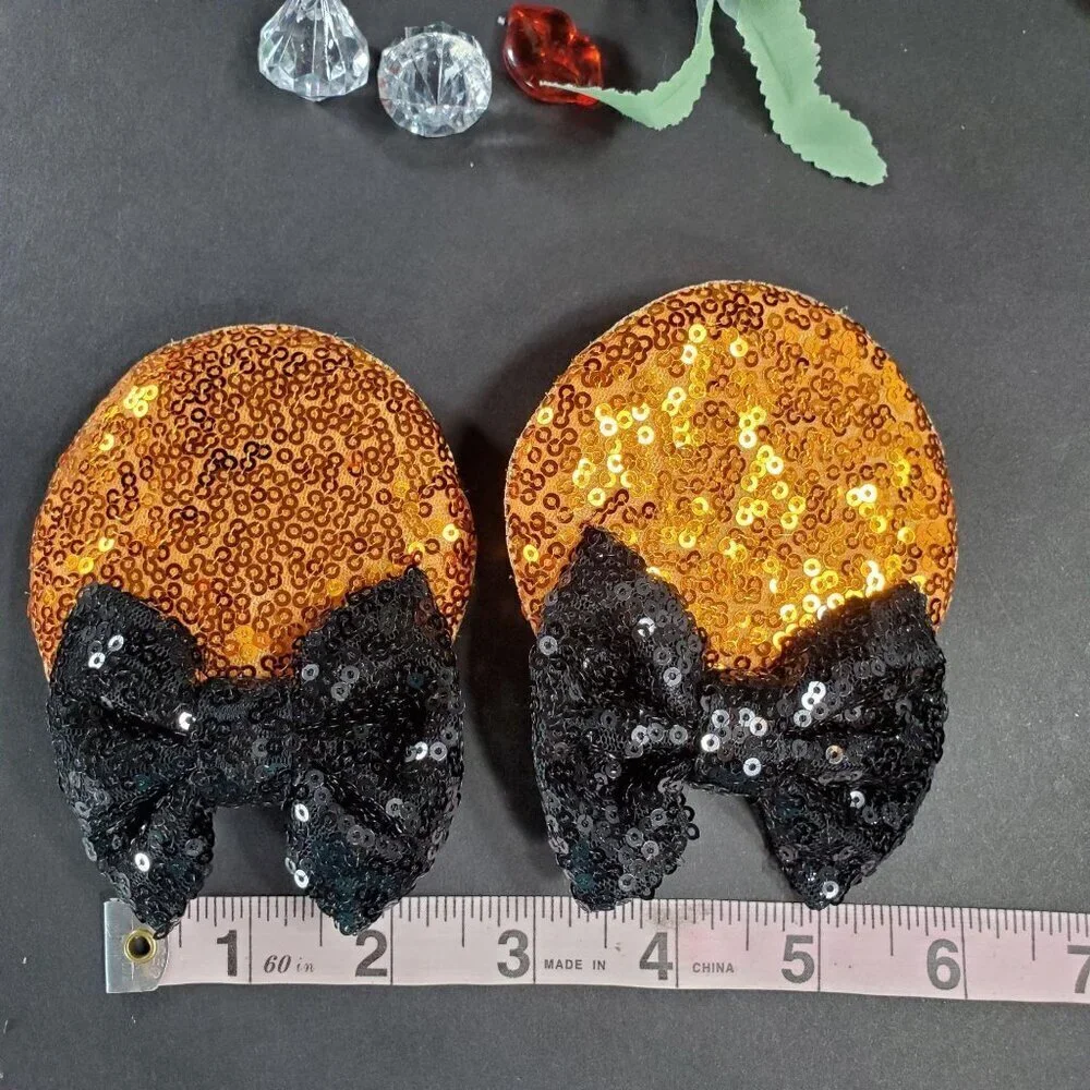 Minnie Mouse Ears Hair Clips Barrette Orange Sequins Black Bow Hair Care